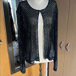 Navy Beaded Open-Front sheer silk evening jacket size 14